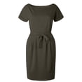 thumbnail image 1 of WTXUE Plus Robes Taille, Ligne A à Manches Courtes avec Poches Col Ras du Cou, Robe d'Été avec Poches Fête Décontractée Robe de Soirée pour Dames Unie Mi-Longue Grande Taille pour Femmes, Gris Taille P(US:4), 1 of 5