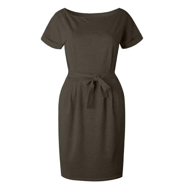 WTXUE Plus Robes Taille, Ligne A à Manches Courtes avec Poches Col Ras du Cou, Robe d'Été avec Poches Fête Décontractée Robe de Soirée pour Dames Unie Mi-Longue Grande Taille pour Femmes, Gris Taille TTG(US:12)