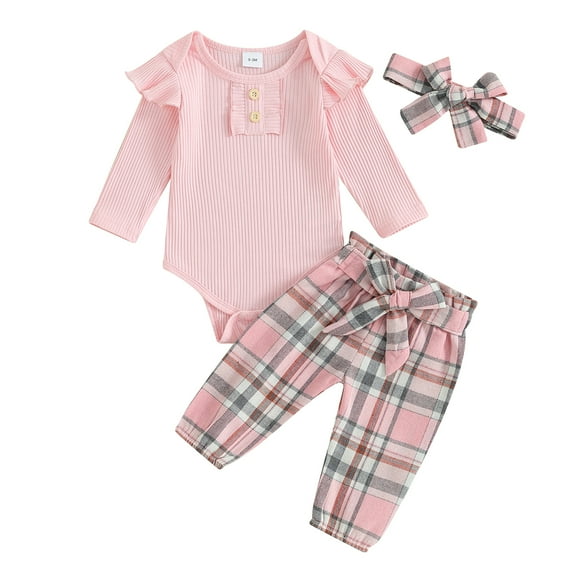 Musuos Baby Girls Fall Outfits 3 6 9 12 18M Solid Color Buttons Long Sleeve Rompers Plaid Long Pants Headband 3Pcs Clothes Set