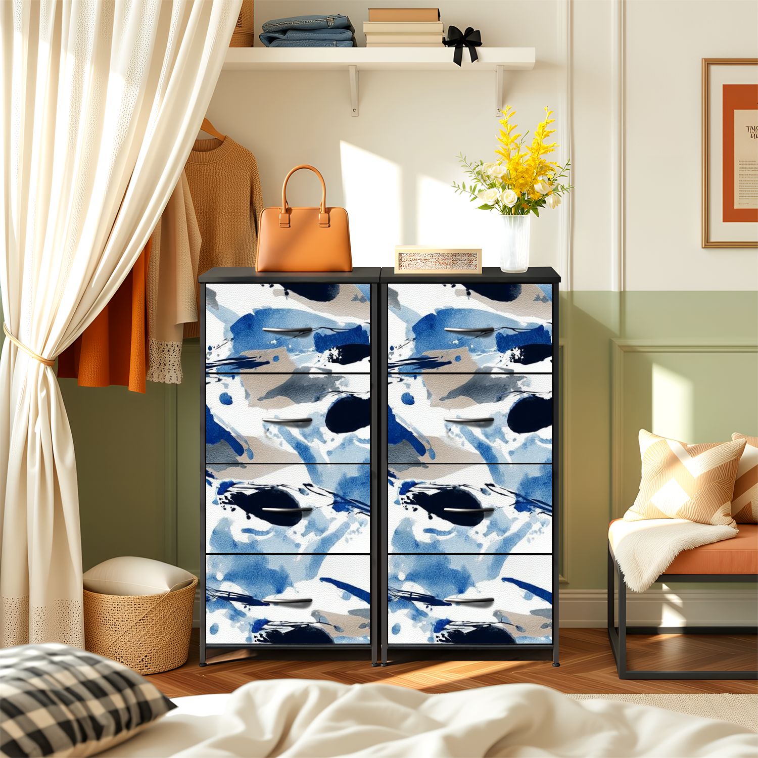 4 Drawer Vertical Storage Dresser Abstract brush strokes watercolor patterns banners posters fabric with Wood Top Fabric Pull Drawers