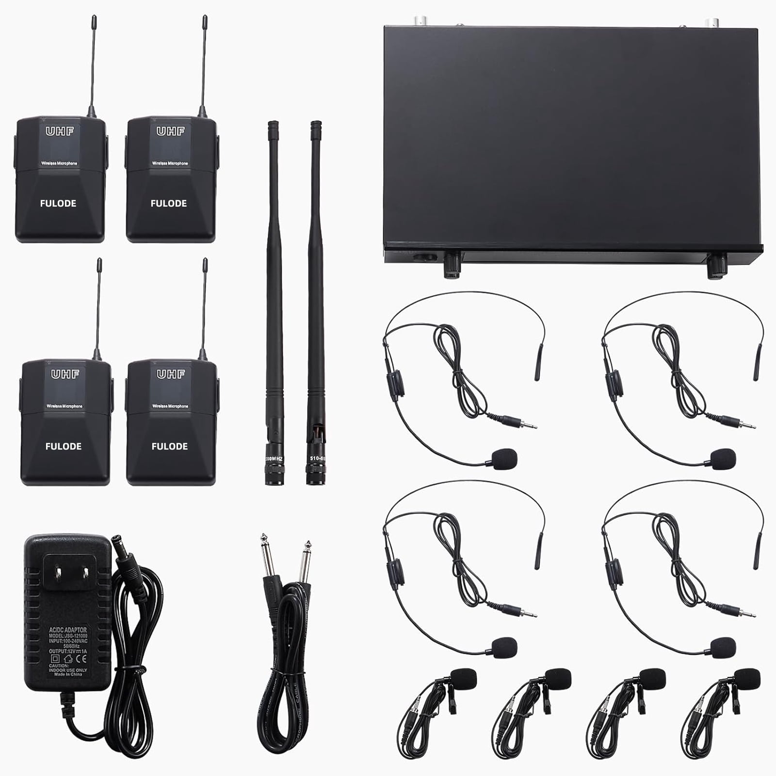 FULODE 4 Channel UHF Wireless Microphone System with Lavalier Headset Mics, 4x50 Adjustable Frequencies, Ideal for Karaoke Meeting Church, 300ft Range (4 Bodypack)