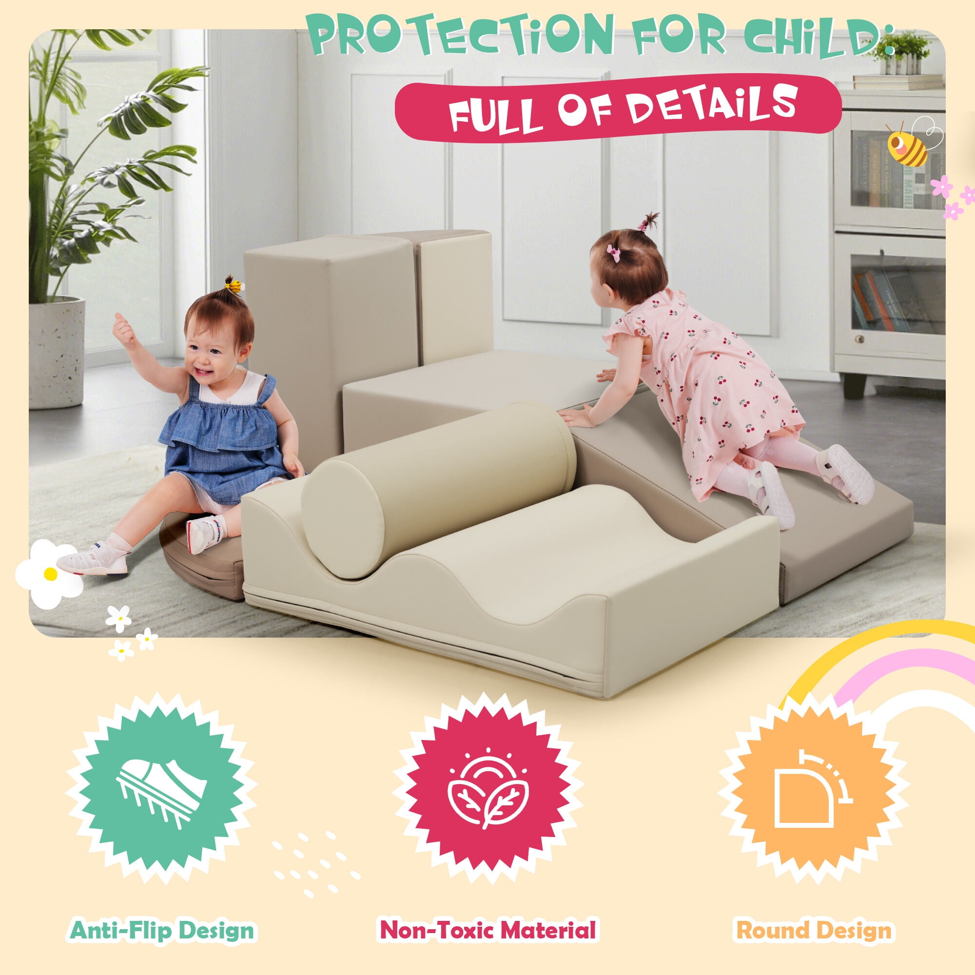 Soft Play Mat 7-Piece Indoor Climbing Foam for Kids, Soft PU Toddler Climbing Toys, Indoor Climb and Crawl Activity Play Set,Baby Play Mat