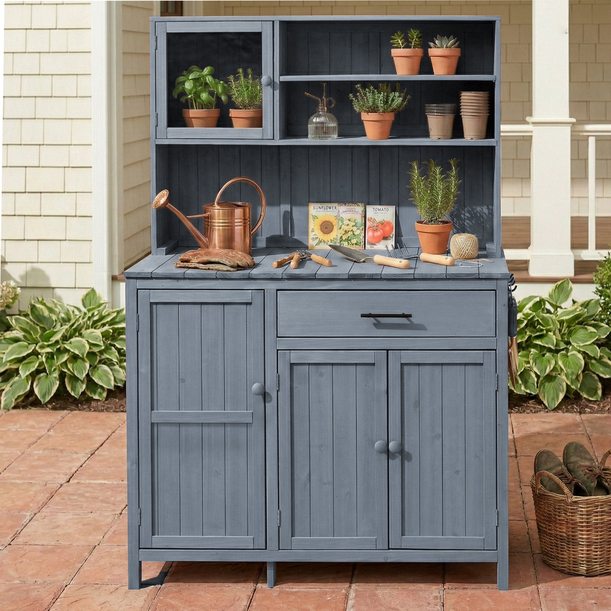 Potting Bench With Hutch, 65 Inch H Solid Fir Wood Outdoor Garden Workstation, Gray