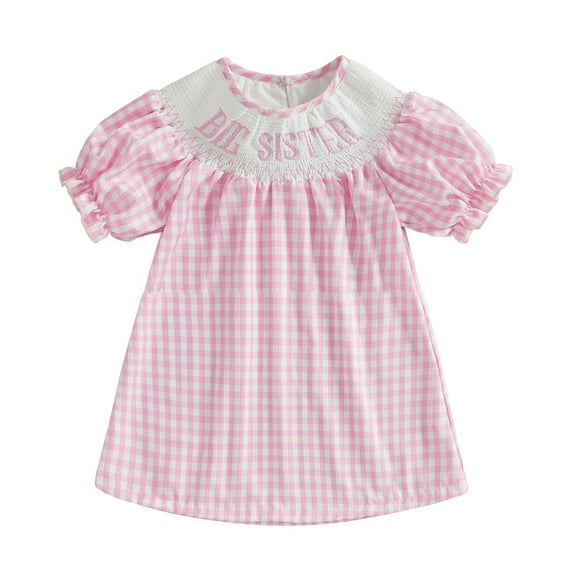 Toddler Girls Dresses Smocked Embroidery Floral Party Gown Plaid Ruffled Sleeves Casual Play Girls Birthday Dress