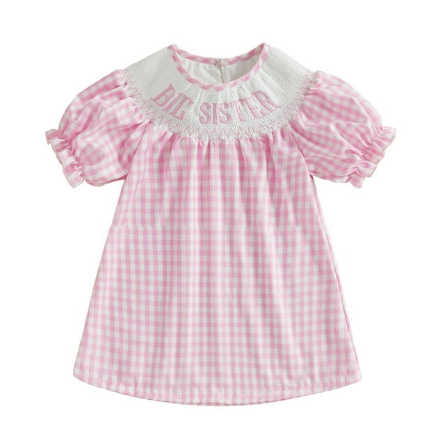 Liyamei Robe Smockée pour Filles avec Broderie Florale, Robe de Fête à Carreaux, Manches à Volants, Tenue Décontractée pour Jouer, 12-18 Mois