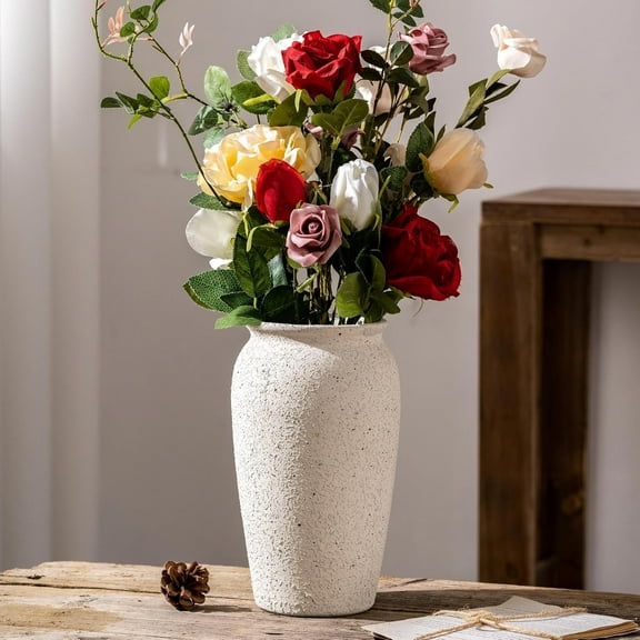 Rustic Farmhouse Flower Large Ceramic Vase, Vintage Pampas Grass Vase, White Modern Decorative Ceramic Flower Vase for Home Decor, Table, Living Room Decoration, Shelf Decor, Mantel, 9.8 Inch