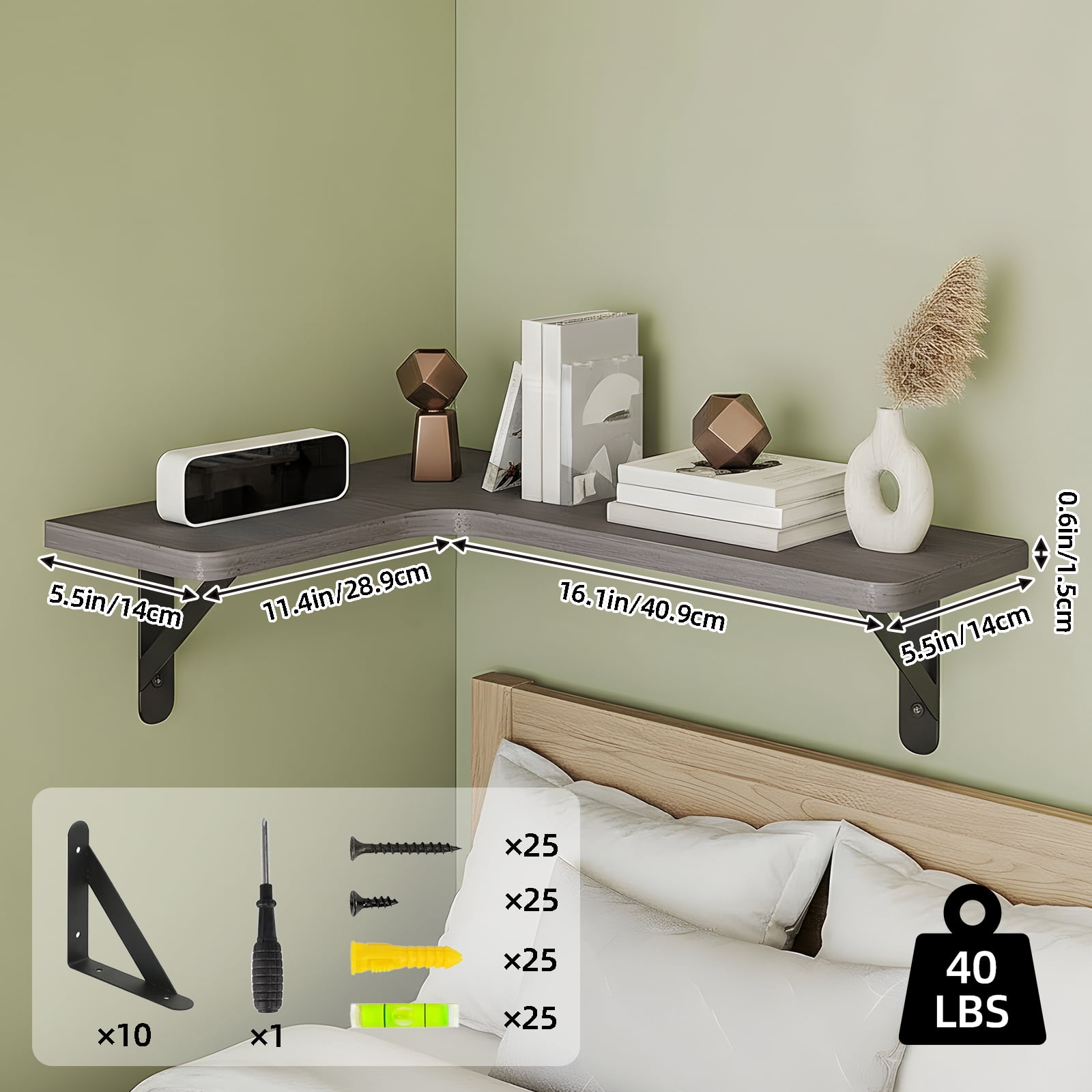 Fairy 5pcs Corner Floating Shelves for Wall, Rustic Wood Wall Shelves, 16.1x11.4 inches, Gray