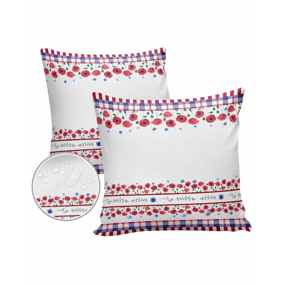 Pack of 2 Outdoor Pillow Covers, Independence Day Red Flowers Red and Blue Plaid Waterproof Square Throw Pillowcase Cushion Decorative Pillow Covers for Couch Patio Tent, 20x20 in
