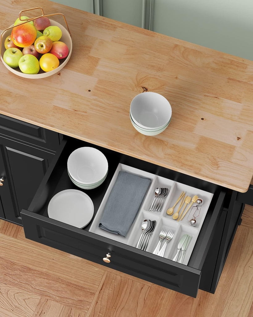 Aiho Kitchen Island with Storage, Mobile Kitchen Island Side Table on Wheels with Rubber Wood Drop-leaf Countertop , Side Rack and Drawer and for Kitchen,Dining Room - Black