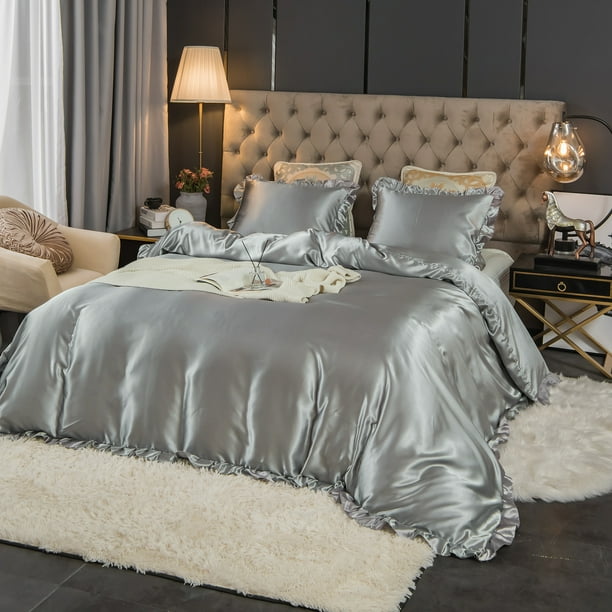 Move Over Light Gray Ruffle Bedding Sets King Silk like Satin Duvet Cover Set Grey Ruffle