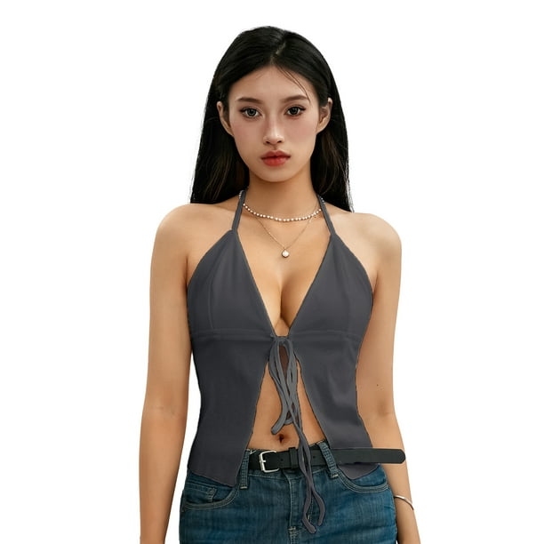 Lucakuins, blusas cortas de verano para mujer, sin mangas, con cuello halter y cordón, camisa de fiesta informal de color sólido para ropa de calle Lucakuins moda