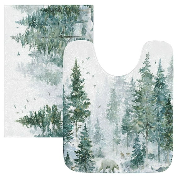 2 Piece Bath Mat Set with U-Shaped Toilet Mat and Rectangle Bath Rugs Non Slip Machine Washable Bathroom Mats Green Snowy Forest Scene