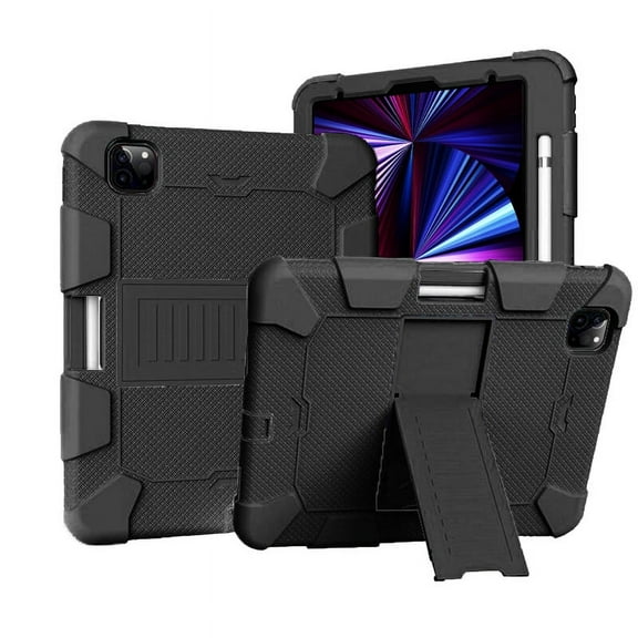 For Apple iPad Air 5th/4th/3rd Gen 2022 10.9 inch iPad Pro 11 inch 1st Gen 2018 Dual layer Shockproof Heavy Duty Hybrid Silicone Kickstand Tablet Case Cover Black/Black