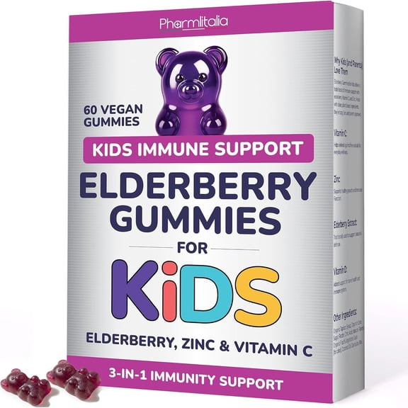 Elderberry Gummies for Kids - 3 in 1 Elderberry Vitamin C and Zinc - Vegan, Organic Immune Support Supplement for Kids - No Added Sugar -Dentist Friendly - Non GMO - Allergen free 60 Chewable Gummies