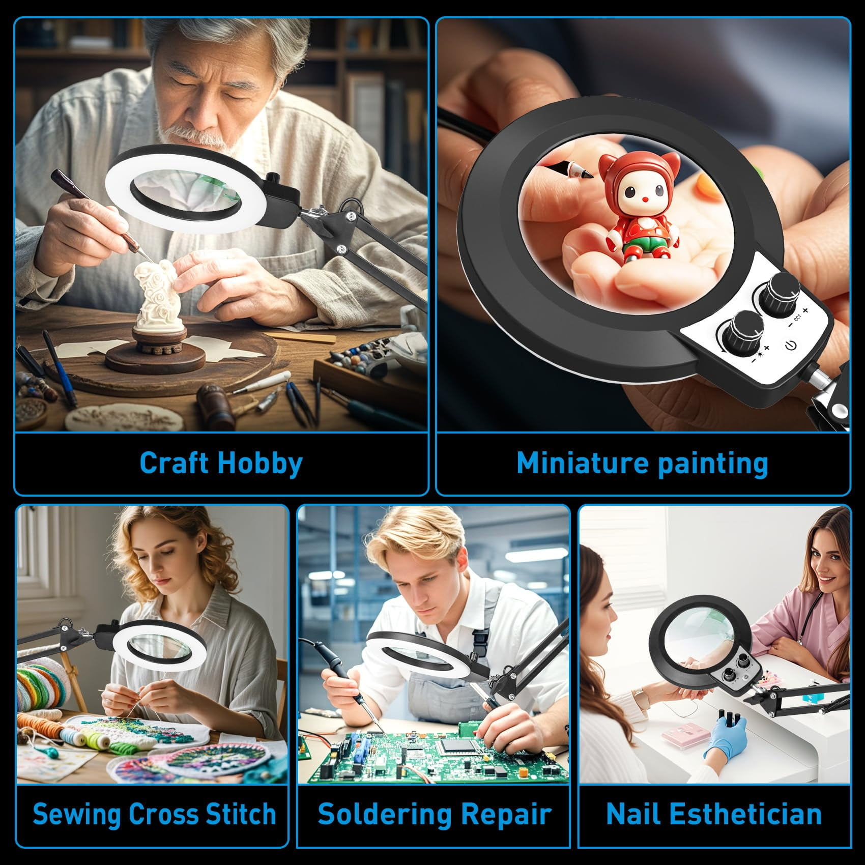 KIRKAS Magnifying Glass with Light, Long Swing Arm, Any Color Modes & Stepless Dimming LED Magnifying Lamp with Clamp, Memory Function Lighted Magnifier for Crafts, Reading, Hobby, Close Work