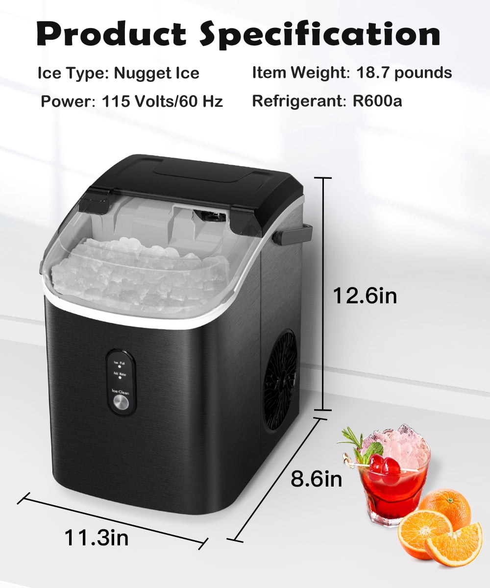 Moifoi 33lbs Countertop Nugget Ice Maker, Potable with Scoop, Soft Nugget Ice Ready in 10mins, Stainless Steel, Black