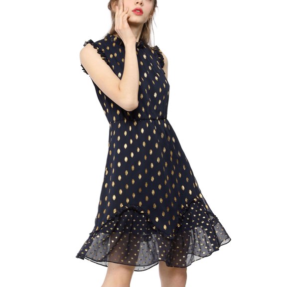 Allegra K Women's Metallic Dots Print Sleeveless Ruffle Cocktail Dress