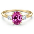 thumbnail image 3 of Gem Stone King 10K Yellow Gold Pink Created Sapphire and White Zirconia 3-Stone Ring for Women | 1.87 Cttw | Oval 8X6MM | Gemstone September Birthstone | Size 9, 3 of 6