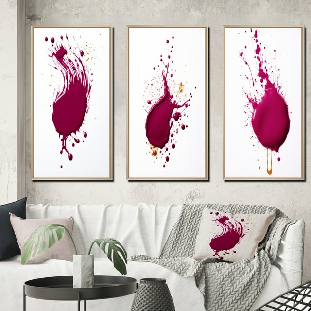 Designart "Viva Magenta Splatter Painting II" Abstract Painting Framed Wall Art Set Of 3 - Red Modern Frame Gallery Wall Set For Home Decor