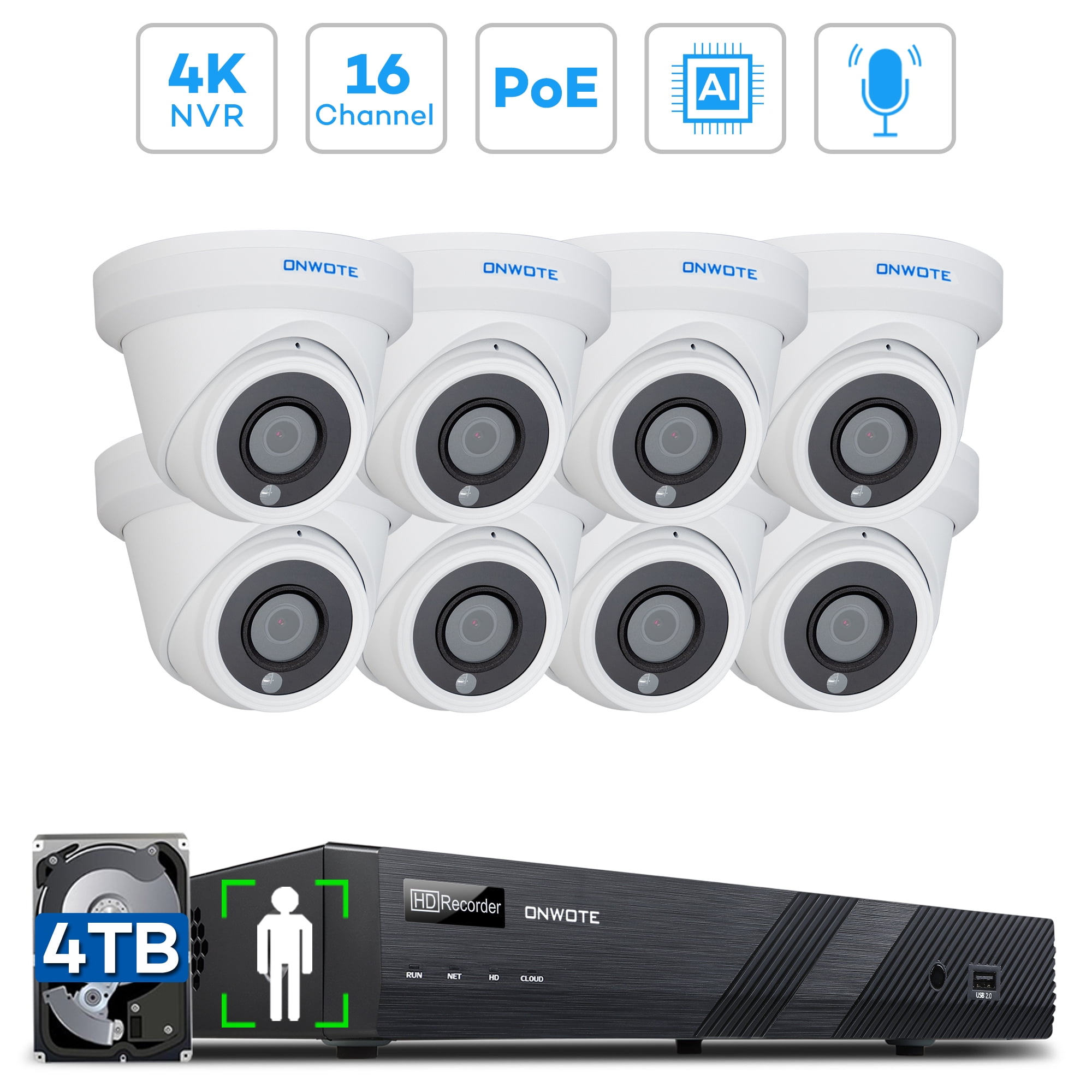 ONWOTE 16 Channel 4K PoE Security Camera System, AIHumanDetection, 4K
