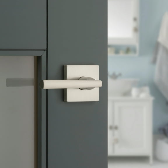 Kwikset Montreal Square Privacy Lever Doorknob Satin Nickel