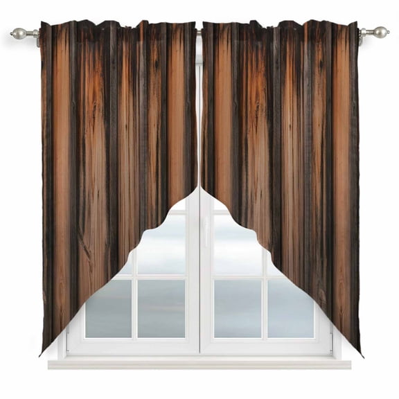 Retro Farmhouse Swag Valances for Windows, Kitchen Window Curtains Over Sink, Brown Wooden Grain Cabin Country Plank Window Treatment Curtains for Living Room/Bedroom Curtains 2 Panel Sets 36"x45"
