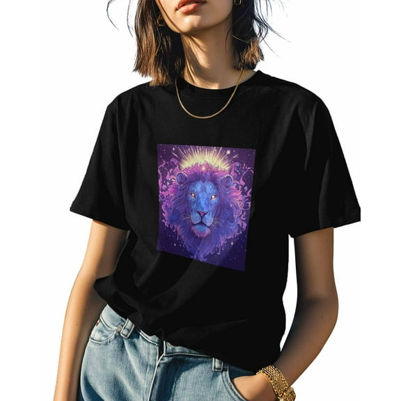 Women's T-Shirts, Lion Face Starry Sky Animal Cotton Crewneck Tee Short Sleeve Casual Tops Loose Graphic T-Shirt Black, M