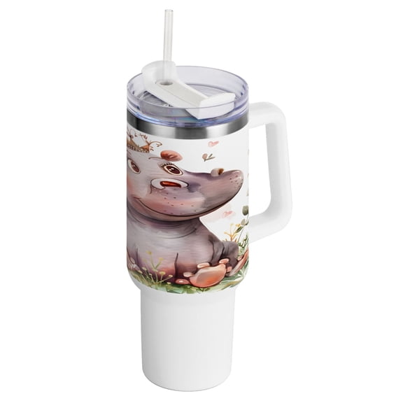 Hippo Crown Flowers 40 oz Tumbler with Handle Insulated Travel Mug Lid Straw Leak Proof Steel Vacuum Water Bottles Glasses Fits in Car Cup Holder