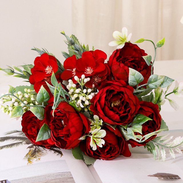 Peonías artificiales de seda, ramo de peonías artificiales, peonías falsas, ramos de flores artificiales para jarrones, arreglos florales, bodas, decoración de mesa para el hogar, color rojo