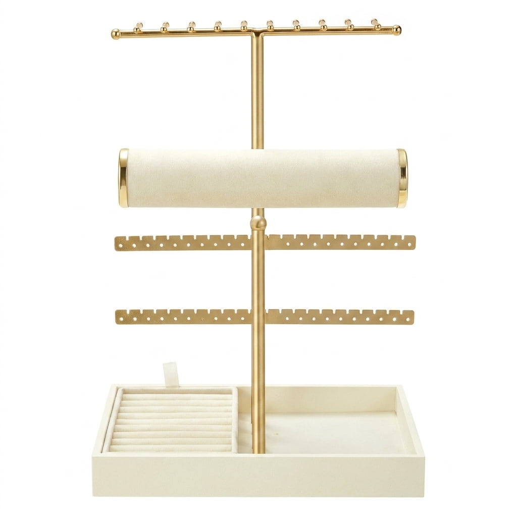 LEDREM Bracelet Holder Stand with Velvet Tray, 3-Tier Jewelry Organizer for Dresser, Removable Earring and Ring Holder, Warm White and Gold