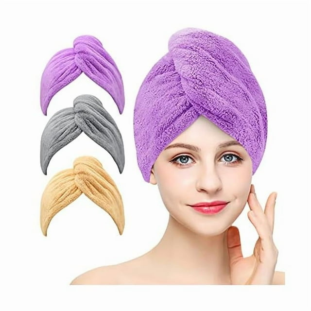 wonima11 Microfiber Hair Towel, 3 Packs Hair Turbans for Women, Men,Kids, Quick Dry Hair Wrap Towels for Curly,Long, Curly Hair Anti Frizz (Gray+Khaki+Purple)