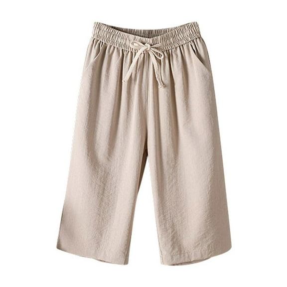 Glisme Casual Pants For Women Summer Solid Color Drawstring Pocket Versatile Elastic Waist Design Casual Capris Pants Beige Trousers Athletic Fit