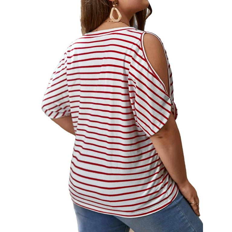 Striped Cold Shoulder Elbow-Length Red and White Plus T-shirts (Women's) - Walmart.com