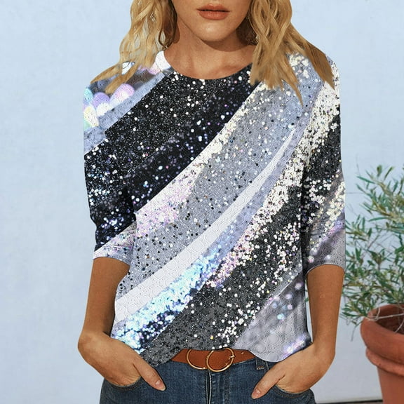 Royisotas Summer Women Tops Gray 3/4 Sleeve Casual Color Block Tshirts Shirts Elastic Crew Neck Jacquard Melting Loose Shirts