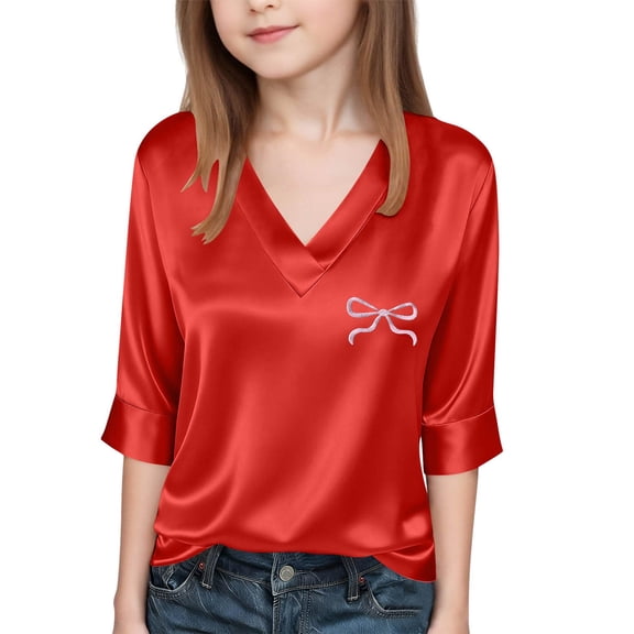 Blouses for Girls Ages 8-16 Satin 3/4 Sleeve V-Neck Lightweight Summer Casual Shirts Red 160
