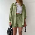 thumbnail image 2 of Conjunto de dos piezas SCZ blusa de muselina de verano para mujer camisa y pantalones cortos verde claro XL, 2 of 4