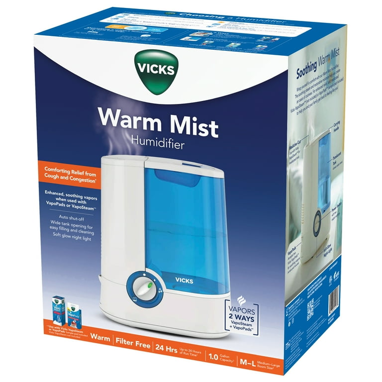 Vicks Warm Mist Humidifier, 250 sq ft, Blue, V750