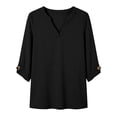 thumbnail image 6 of Craaazy Women's Casual Solid Color V Neck 3/4 Sleeve T-Shirt Loose Fit Comfy Breathable Top with Button Cuffs for Spring Summer Daily Wear Gifts, 6 of 7