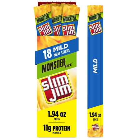 Slim Jim Monster Smoked Meat Sticks, Mild Flavor, 11g Protein Per Stick, 1.94 oz. (18-Count)