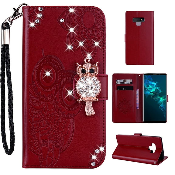 Galaxy Note 9 Wallet Case, Allytech PU Leather Glitter Owl Full Protective Kickstand Folio Flip Hand Strap Girls Women Anti-Slip Shock-Absorption Cases and Covers for Samsung Galaxy Note 9, Winered