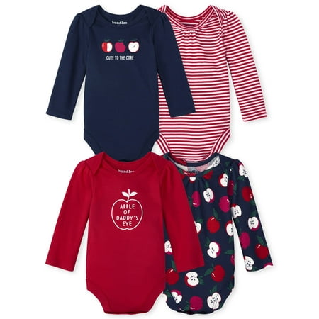 

The Children s Place Baby Long Sleeve 100% Cotton Bodysuits 4-Pack Red Apple/Apples/Stripes/Cute to The Core 4 Pack 0-3 Months