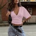 thumbnail image 7 of ZZkhGO Women's Crop Tops Ruched V Neck Short Sleeve Solid Casual Fashion Summer Slim Tops, Pink XXL, 7 of 7