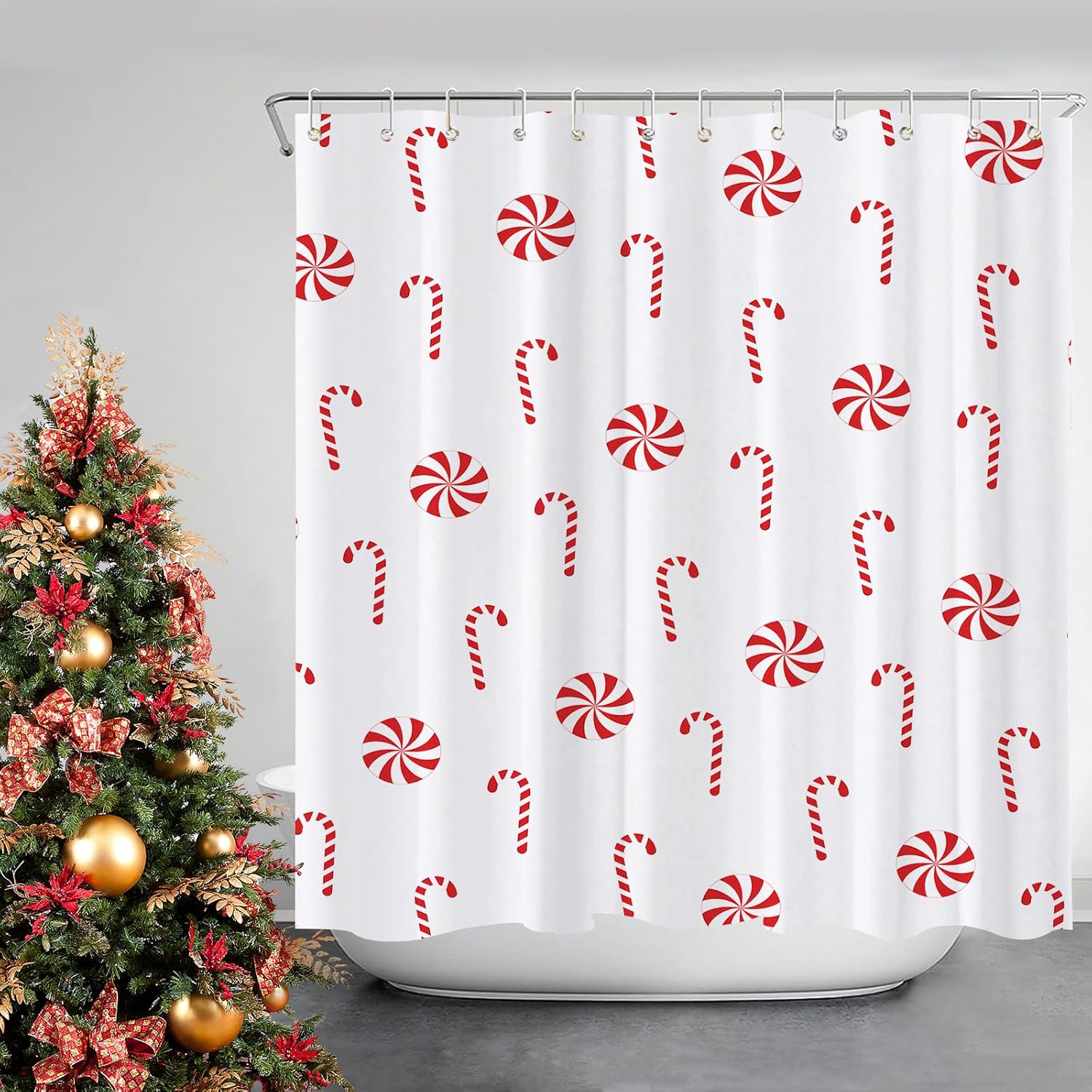 Christmas Shower Curtain Candy Cane Christmas Holiday Bathroom Shower Curtains for Bathtub Decoration with Hooks 72x72 Inch