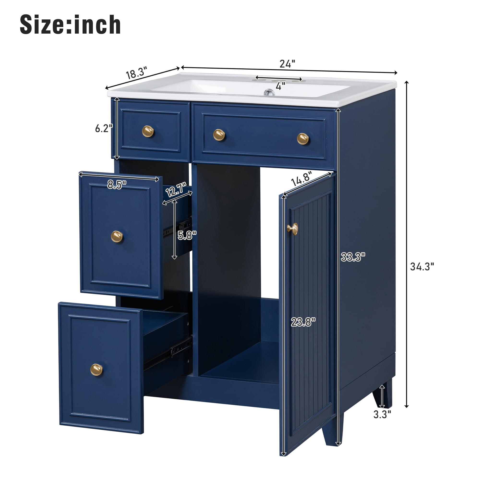 viswild 24" Bathroom Vanity Cabinet with Ceramic Sink, 2 Drawers & 1 Door, Space-Saving, Durable & Easy to Clean for Small Bathrooms, Blue