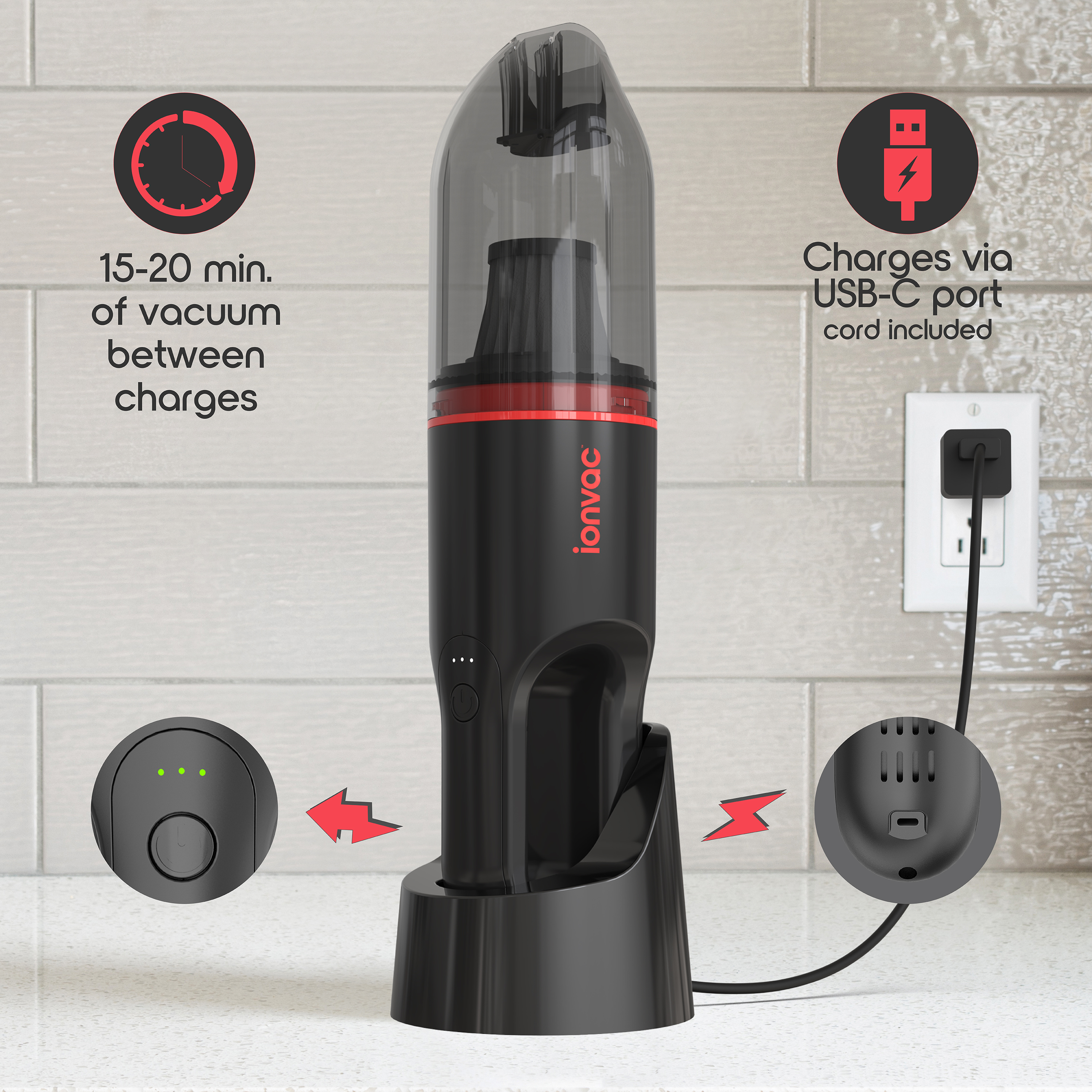 IonVac Cordless Vacuum, Lightweight Handheld Cordless Vacuum Cleaner, USB Charging, Multi-Surface, New - image 5 of 13