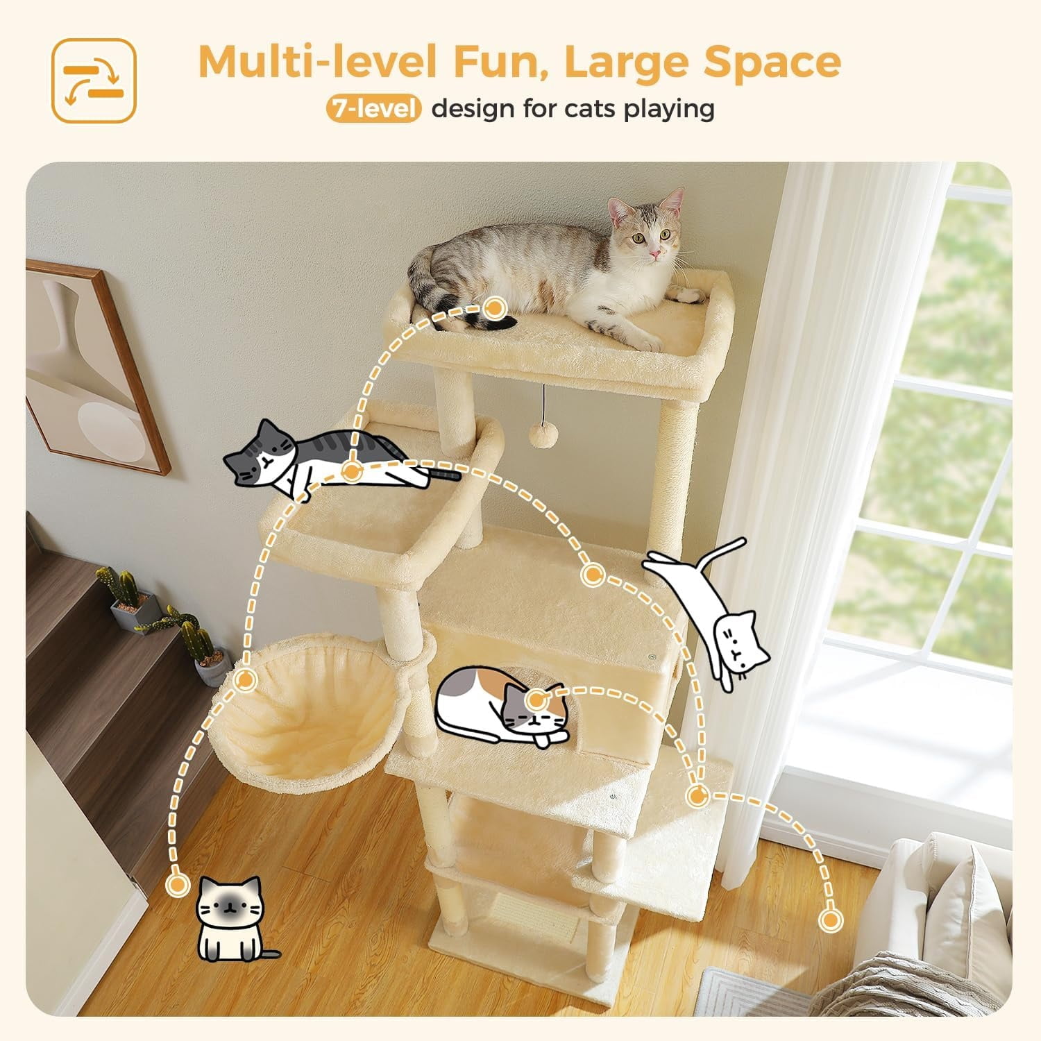 Large Cat Tree, 73 Inches Tall Cat Tower with 1 Large Padded Perch,2 Spacious Hammocks,8 Long Scratching Posts, XL Plush Cat Condo for Indoor Adult Cats,Beige