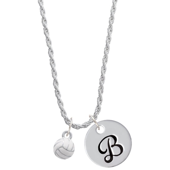 Delight Jewelry Silvertone 3-D White Volleyball Silvertone Script Initial Disc - B - Charm Necklace, 20"+3"