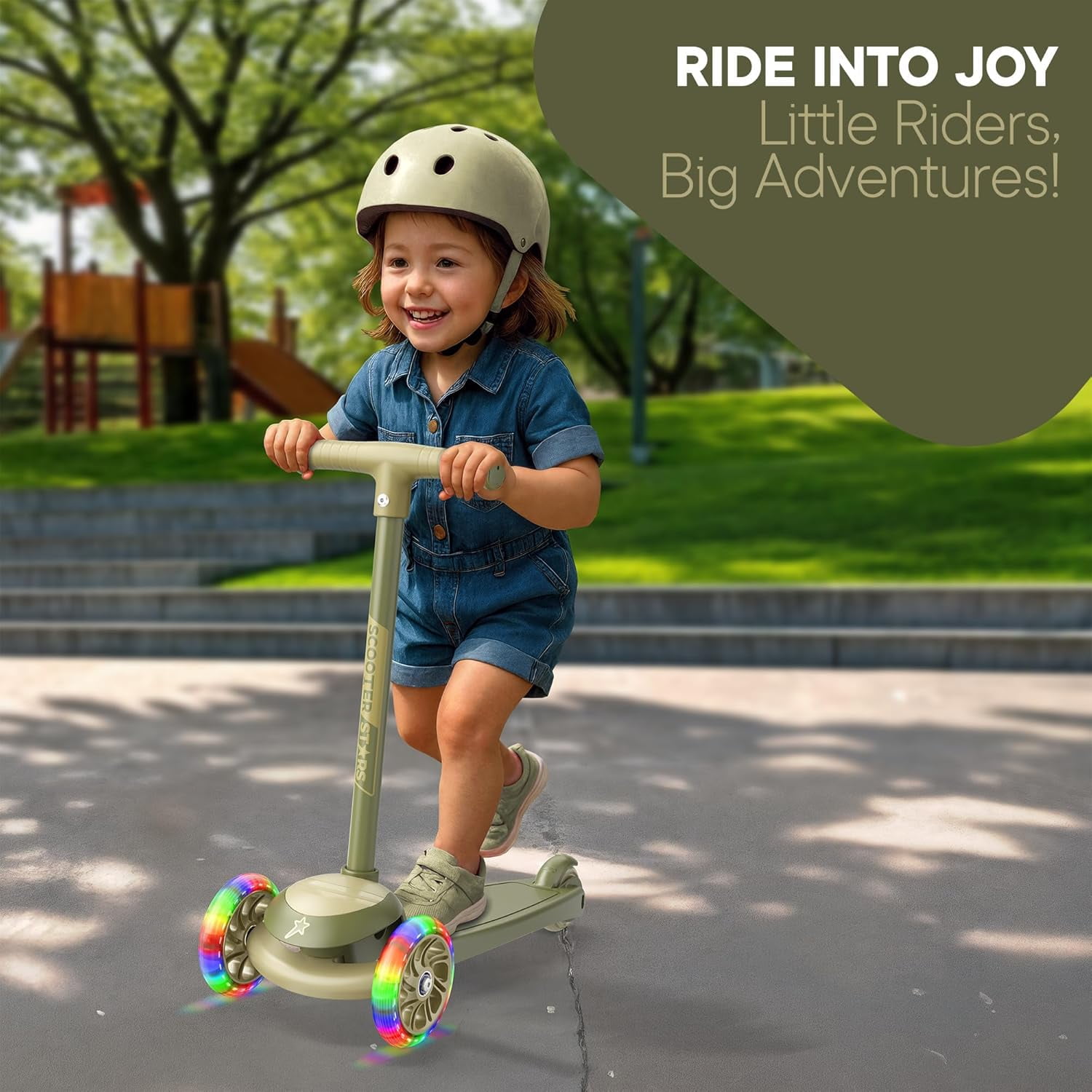 Scooter Stars 3-Wheel Kids Scooter with Light-Up LED Front Wheels, Wide Anti-Slip Deck, Rear Foot Brake, Lean-to-Steer Ride-On Toy