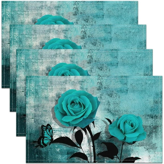 Teal Blue Placemats 12x18,Turquoise Ombre Rose Place Mats Set of 4 for Kids Boys Girls Adult,Watercolor Table Mats Oil Proof Washable,Vintage Contemporary Artwork Placemats Dining Table Decor