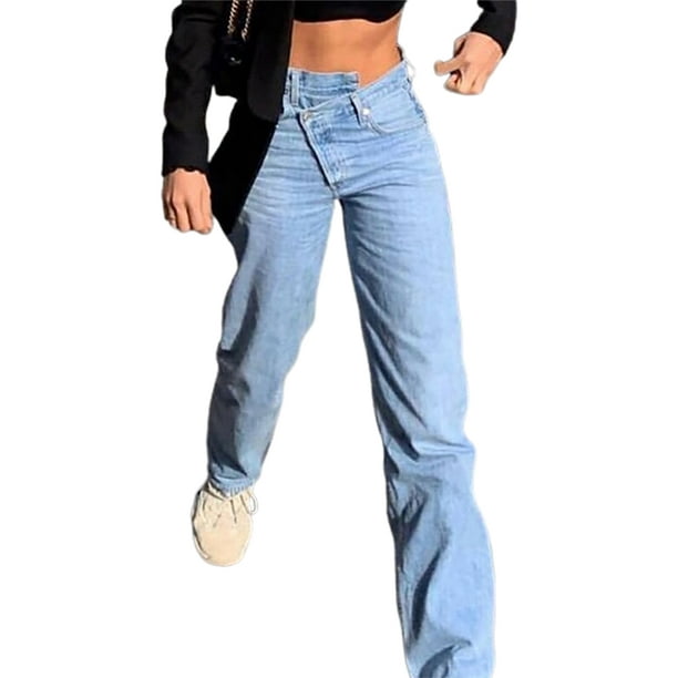 Lady Straight Leg Jeans Fashion Asymmetric Waist Loose High Waist Jeans 90s Casual Female Denim Pants Streetwear Summer Autumn Walmart Com Walmart Com